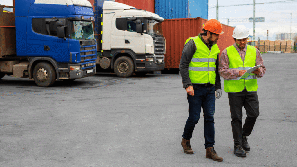 Trucking regulations 2026 compliance check with safety supervisors reviewing documentation beside parked trucks and containers.