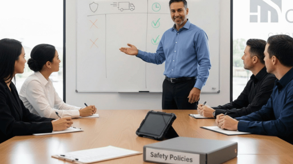 Compliance culture in trucking training meeting with manager presenting safety policies to fleet team.