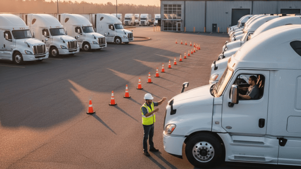 Commercial driver training instructor guiding a trainee in a semi-truck during yard practice.