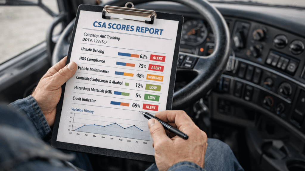Read your CSA scores: truck driver reviewing a CSA Scores Report on a clipboard inside a semi-truck cab, pointing at BASIC category percentages and alert levels.