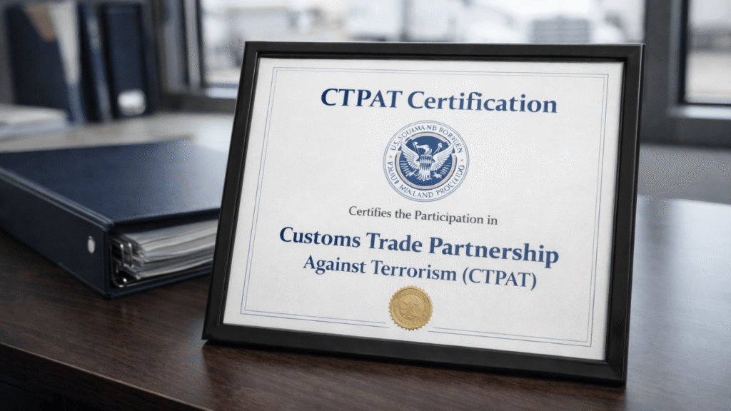 Framed CTPAT certification displayed on an office desk beside a binder, with a semi-truck visible in the background, representing Customs Trade Partnership Against Terrorism approval.”
