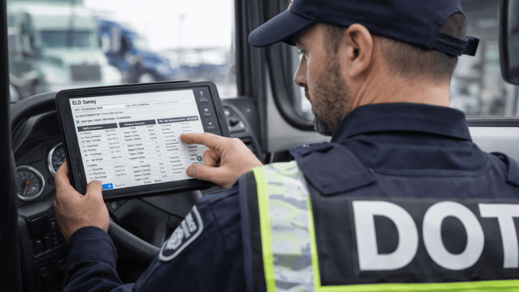 DOT officer reviewing ELD data and fleet auditing screens on a tablet during a truck inspection, checking hours-of-service logs, event records, and compliance details.