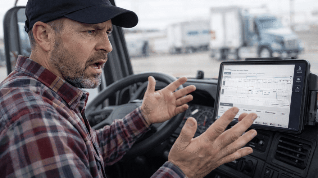 Frustrated truck driver gesturing at an ELD screen inside the cab, illustrating addressing driver complaints about ELD through clearer workflows and better support.