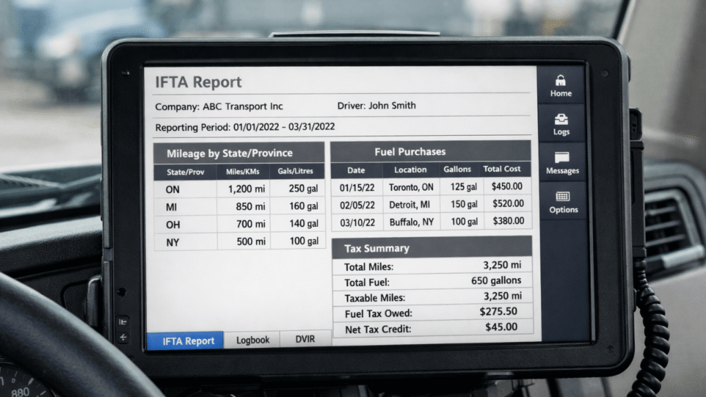 Truck ELD screen showing ELD reporting for IFTA with mileage by state/province, fuel purchases, and tax totals.