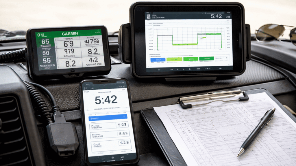 ELD reporting tools displayed in a truck cab—mounted tablet showing hours-of-service logs, GPS unit, smartphone timer, and paperwork on a clipboard for compliance tracking.