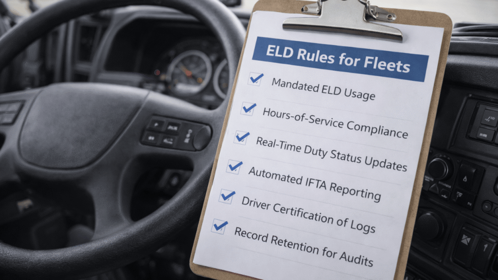 Clipboard in a semi-truck cab showing a checklist titled ‘ELD Rules for Fleets,’ covering hours-of-service compliance, duty status updates, log certification, and record retention.