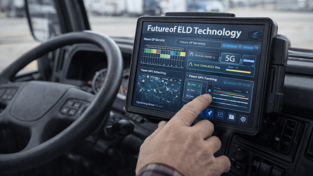 Close-up of an in-cab ELD tablet displaying a dashboard labeled ‘future of ELD technology,’ showing hours-of-service tracking, compliance insights, and fleet GPS data.