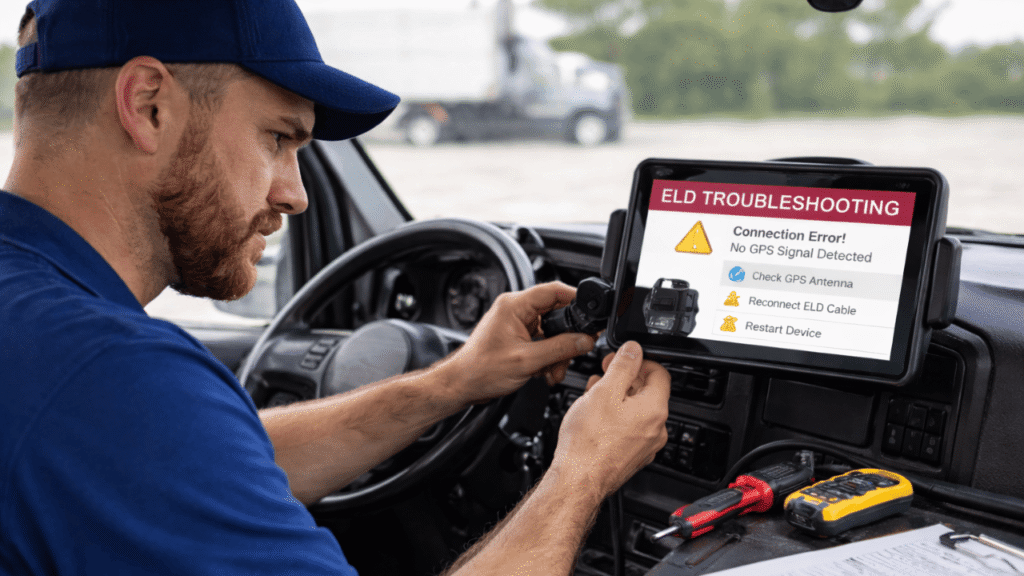 Truck driver performing ELD troubleshooting in the cab, checking a connection error on the mounted tablet while adjusting cables and reviewing log paperwork.