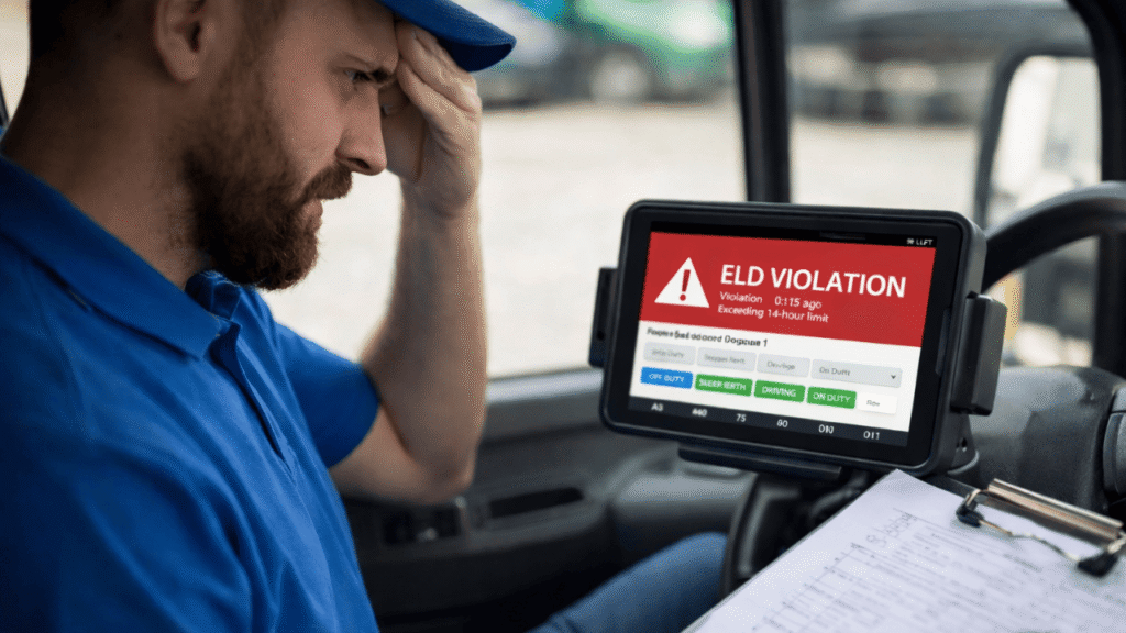 Truck driver inside the cab reviewing his tablet after getting an alert and adding ELD violations to his log notes, with paper records and a pen on a clipboard.