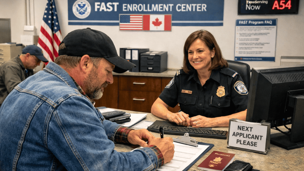 Truck driver completing a FAST application at a FAST Enrollment Center office with a border officer, paperwork, and passport on the desk.