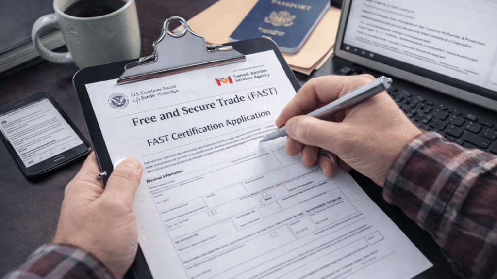 Person filling out a FAST certification application for trucking at a desk, with a passport and a Trusted Traveler Programs page open on a laptop in the background.”