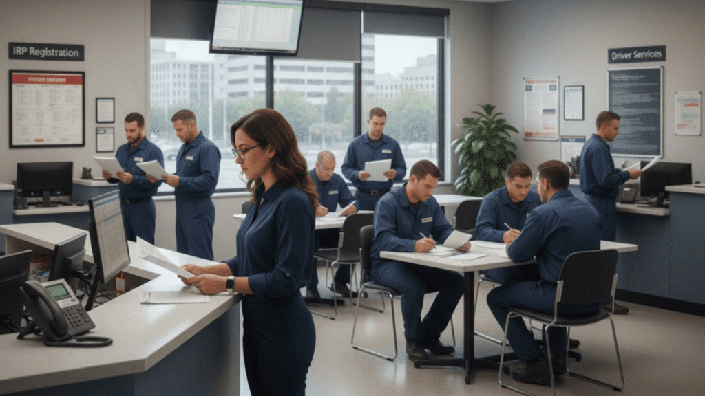 Fleet professionals completing IRP registration paperwork at a motor vehicle office for commercial trucking compliance.