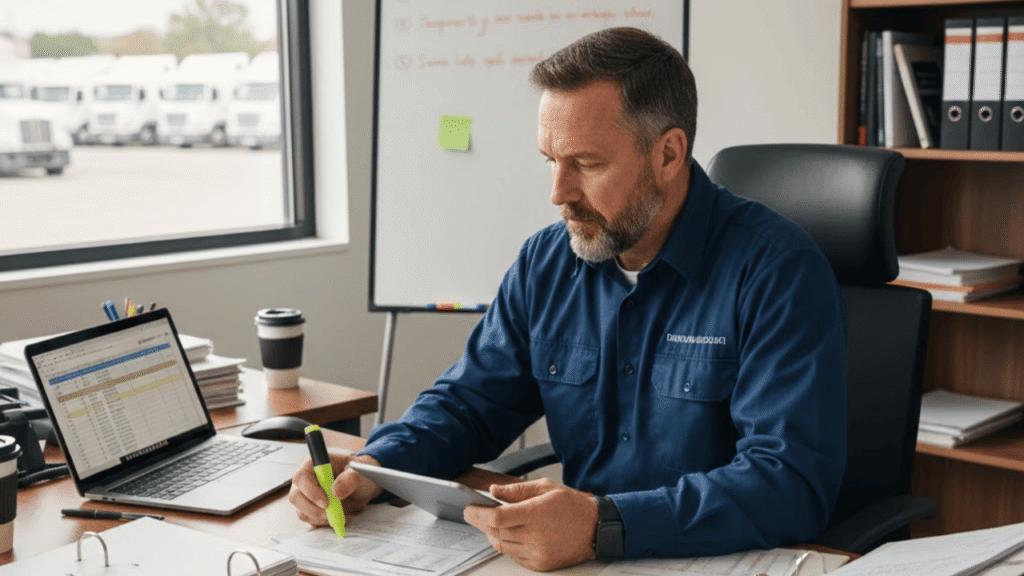 Compliance manager reviewing documents at a desk during PIP audits with trucking fleet visible outside the office window.