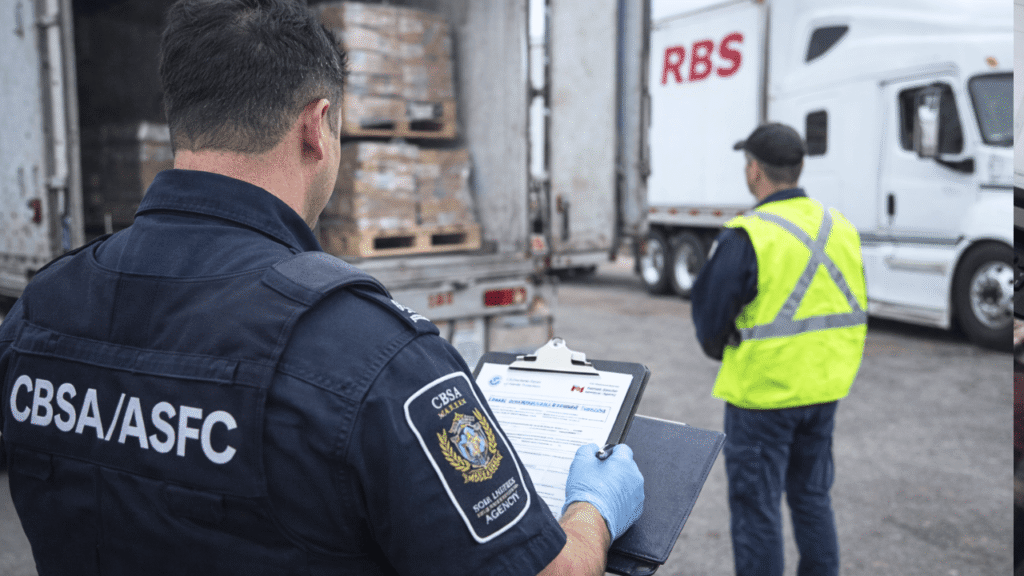 CBSA officer inspecting an open trailer and reviewing paperwork while a truck driver stands nearby, showing the kind of secure procedures used with PIP certification.”