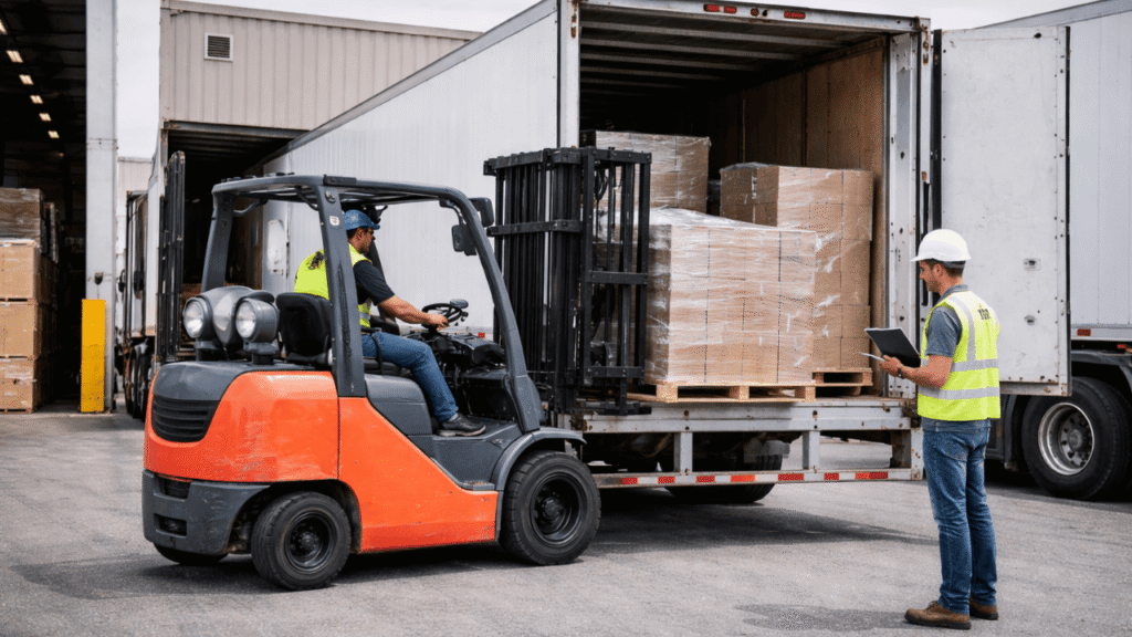 Forklift loading palletized cargo into a semi-trailer at a warehouse dock, showing how certifications for better loads support efficient, organized shipping.