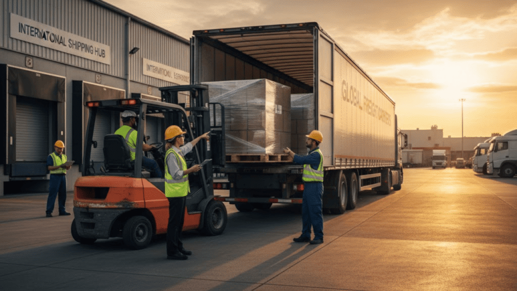 Warehouse workers loading freight into a semi-truck, representing DOT motor carrier authority and freight compliance.