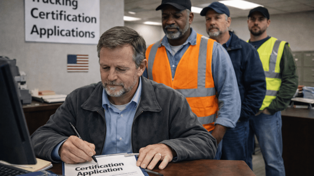 Fleet manager lining up in an office to submit a trucking certification application, with drivers waiting behind and paperwork on the counter.