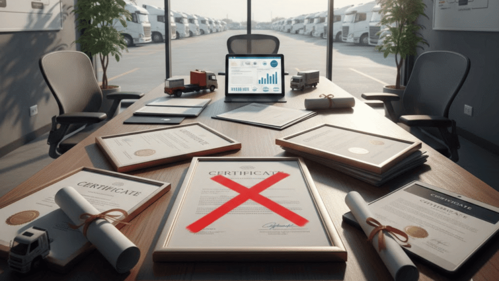 Office boardroom with trucking fleet visible outside, documents on a table showing certification mistakes marked with a red X