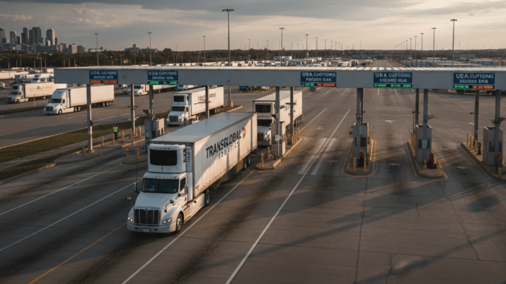 Commercial trucks crossing an international border checkpoint, illustrating cross-border permits requirements for compliant freight transport.