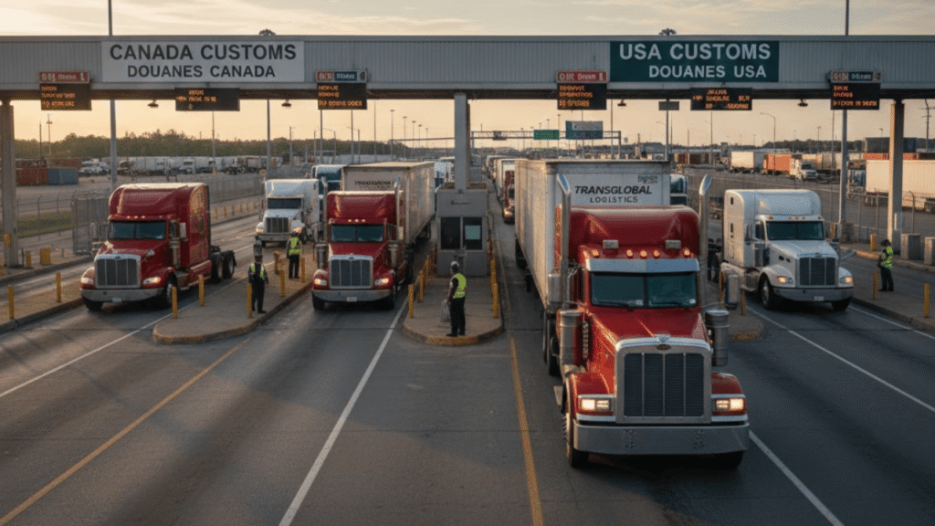 Commercial trucks at the Canada–USA border checkpoint highlighting cross-border insurance requirements for fleet operations.