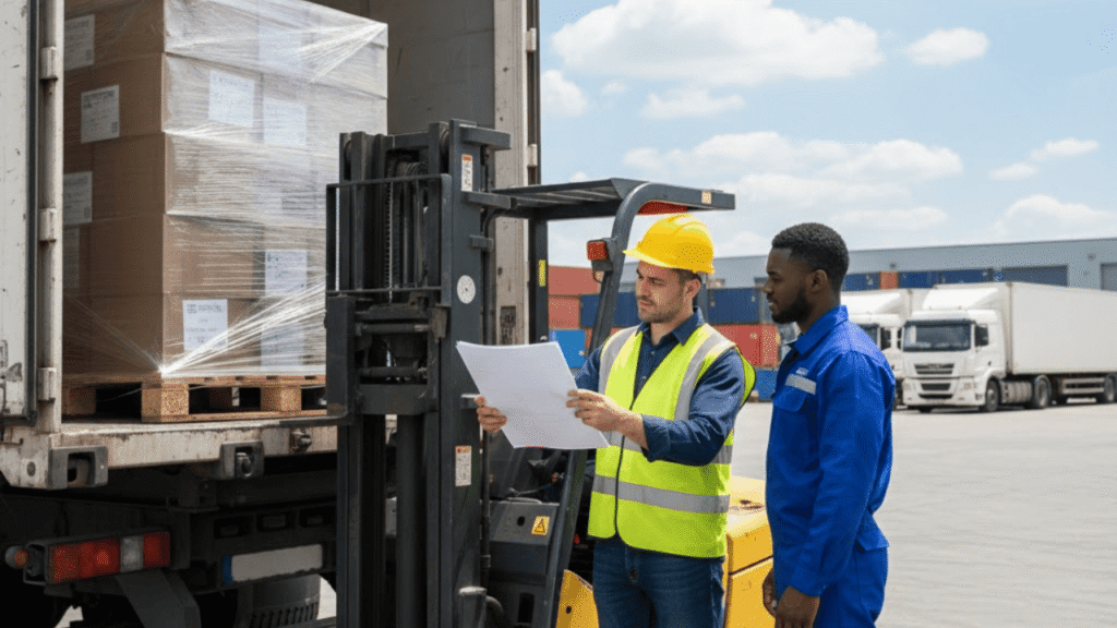 Forklift loading palletized freight while staff review paperwork for a weight and dimension permit at a shipping yard.
