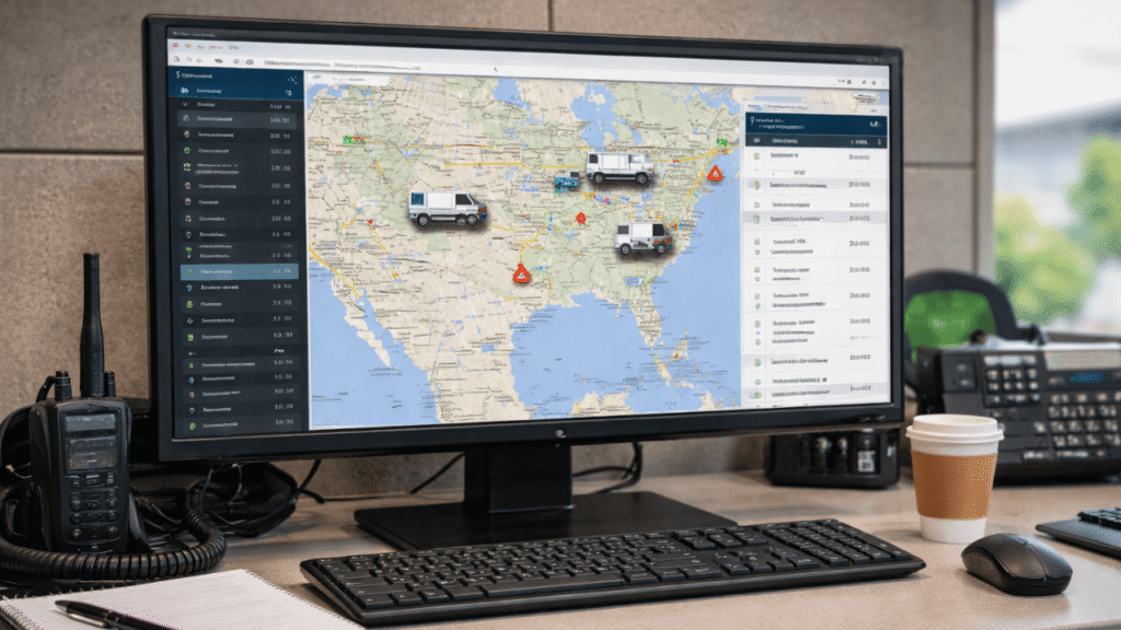 ELD and dispatch integration dashboard showing driver hours and live truck locations.
