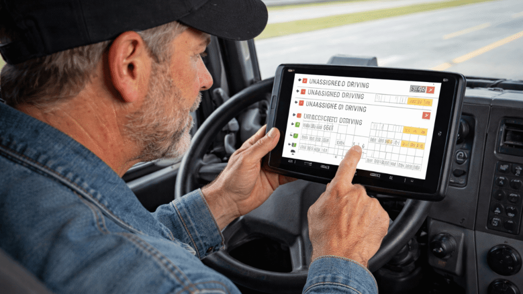 Truck driver sits in the cab and taps an electronic logging device on the dashboard to update duty status and verify driving time, showing proper ELD logging with accurate, real-time entries before hitting the road.