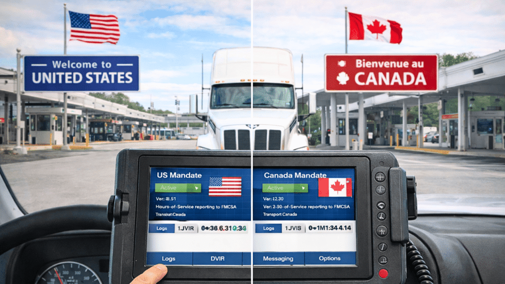 ELD mandate in North America shown on an in-cab ELD at a U.S.–Canada border crossing