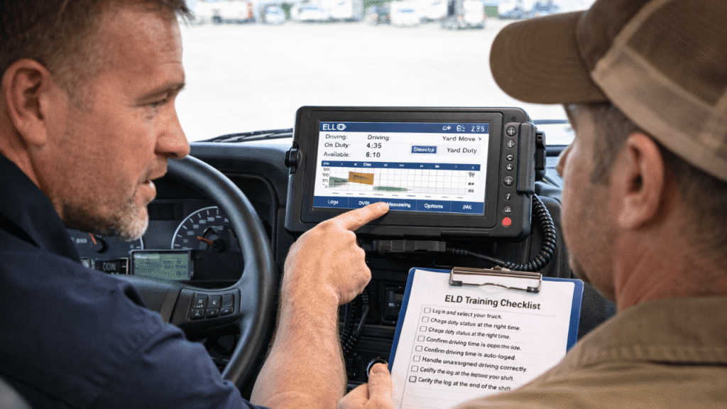 ELD driver training session inside a truck cab with an instructor explaining the ELD screen.