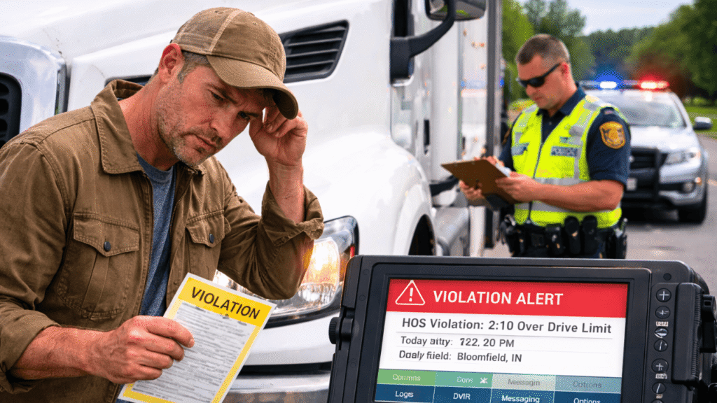 Truck driver on the roadside holding an ELD violation notice during a DOT stop.