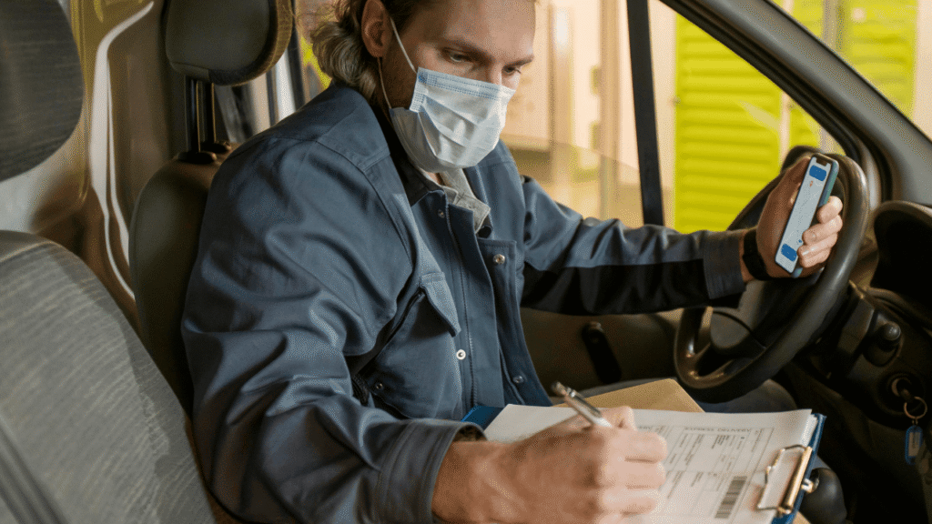 ELD vs paper logs: driver using a smartphone app while filling out a paper log on a clipboard.
