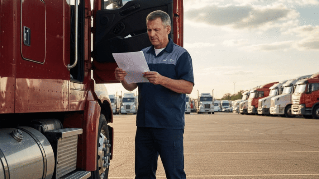 Truck driver reviewing documents beside a semi-truck, verifying transport broker authorities and compliance requirements.