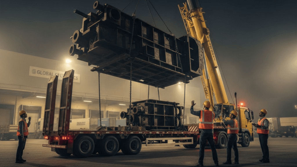 Crane loading oversized equipment onto a flatbed, highlighting heavy hauls specialty permits for safe transport.