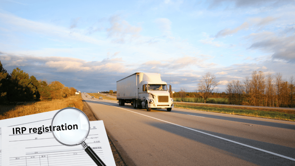 A white semi-truck drives along a highway under a bright sky, with a document labeled “IRP registration” and a magnifying glass overlaid in the foreground, illustrating truck registration and compliance for commercial fleets.