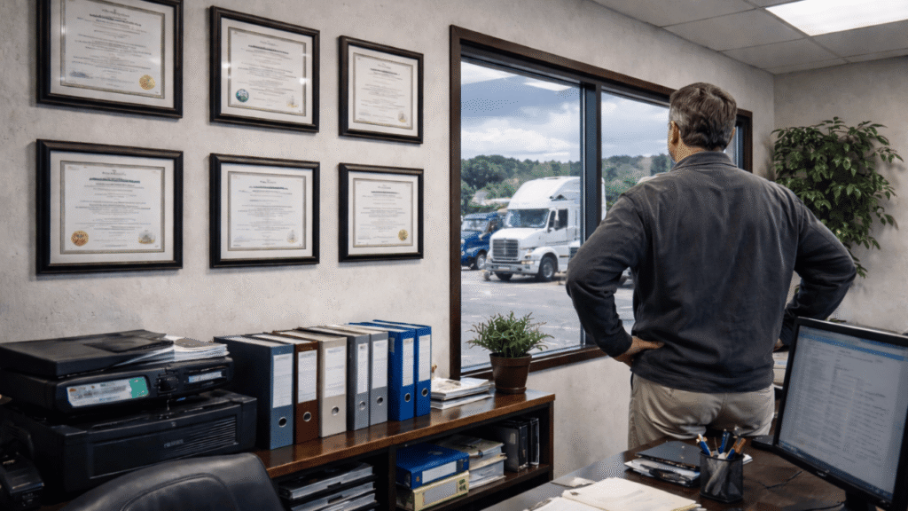 Trucking office with multiple trucking certifications displayed on the wall as a fleet manager stands with his back to the camera, looking out a window at parked semi-trucks.