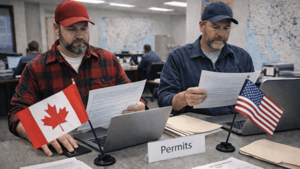 Canadian and U.S. truck owner-operators reviewing paperwork at an office counter, illustrating cross-border owner-operator permits with flags and documents.