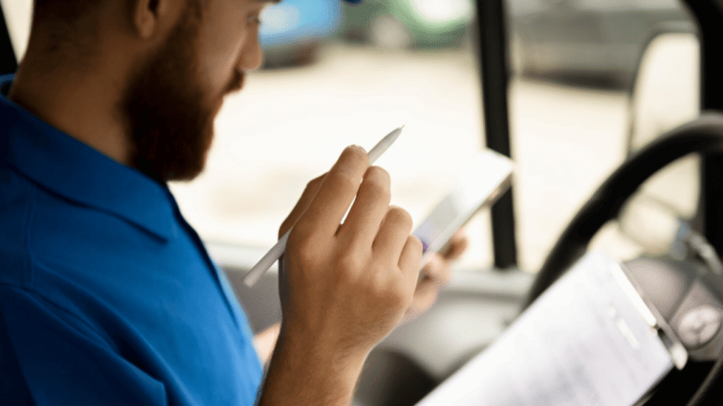Driver using a tablet and paperwork in a truck cab to conver paper logs to ELD, reviewing log details before starting the route.