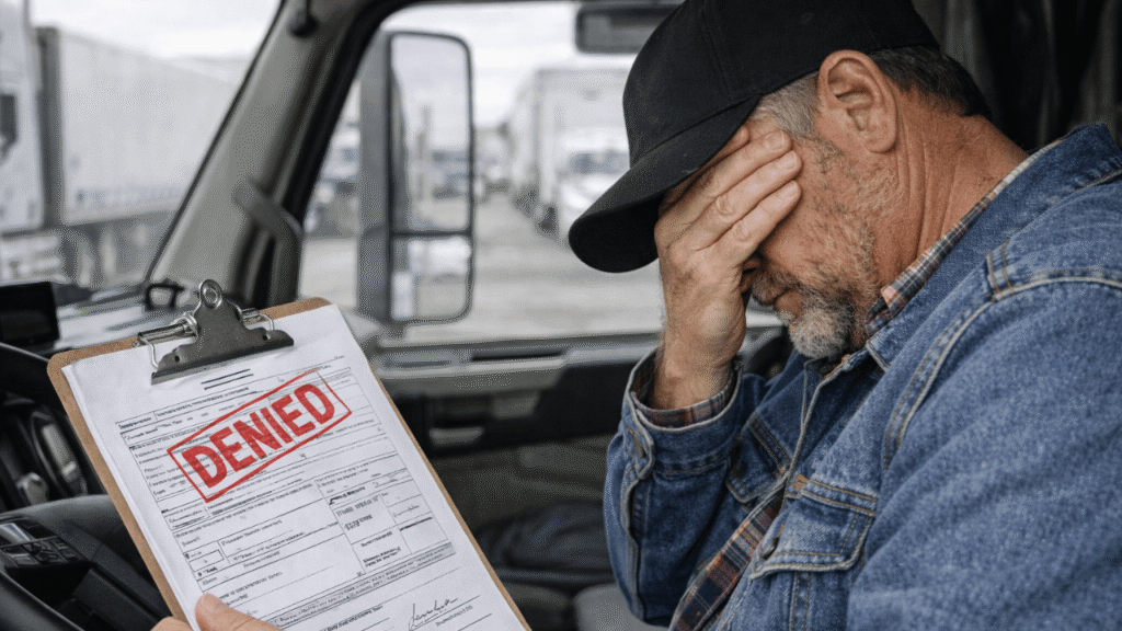 Truck driver in side profile facepalming inside a semi-truck while holding a permit marked “DENIED,” illustrating permit denials and shipment delays.