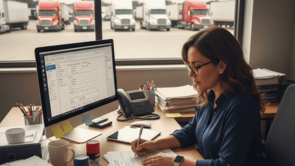 Compliance manager reviewing permit renewals paperwork at a trucking office desk with fleet vehicles visible outside.