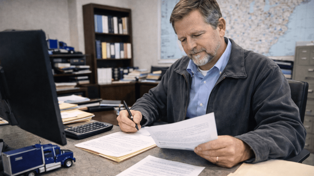 Fleet manager reviewing a permit renewal application in a trucking office, helping keep permits up to date with organized paperwork and compliance documents.