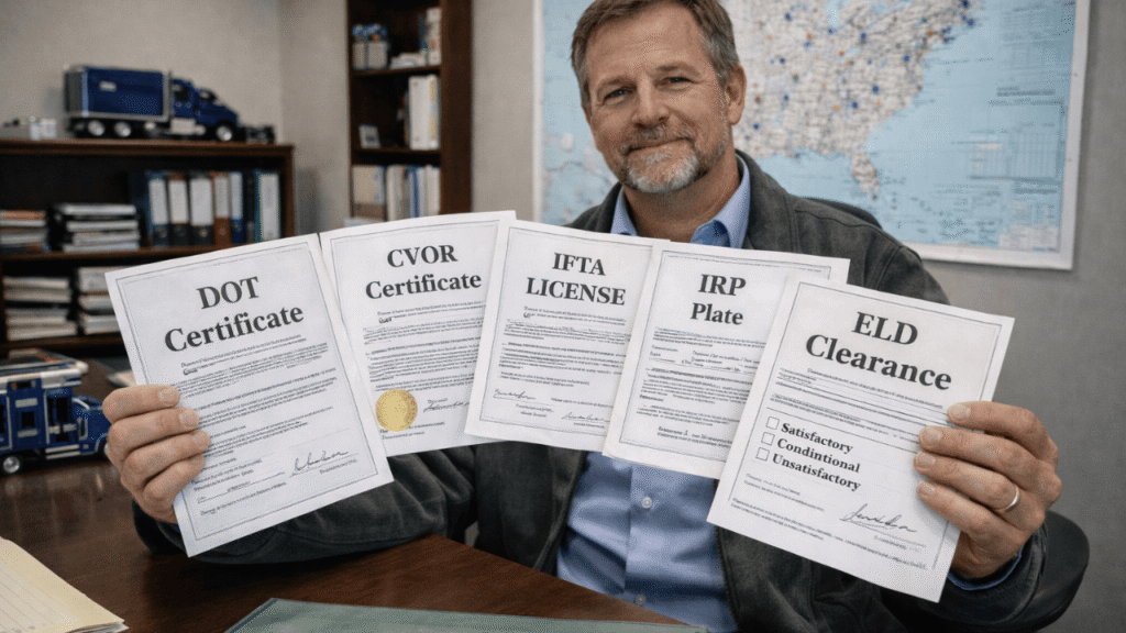 Trucking company manager holding multiple fleet compliance documents, highlighting proper certifications like DOT, CVOR, IFTA, IRP, and ELD clearance in an office.