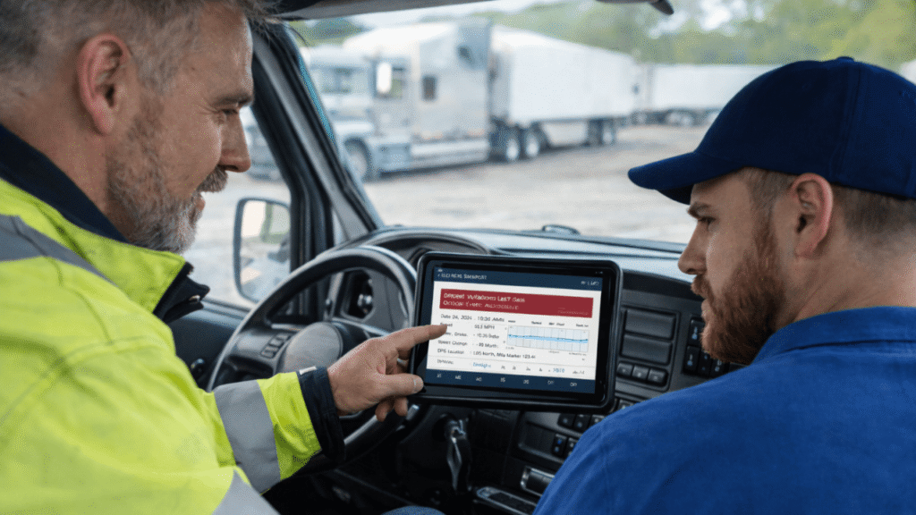 Driver coaching session inside a truck cab, with a safety coach pointing at an ELD dashboard to help reduce ELD violations through driver coaching and better log habits.