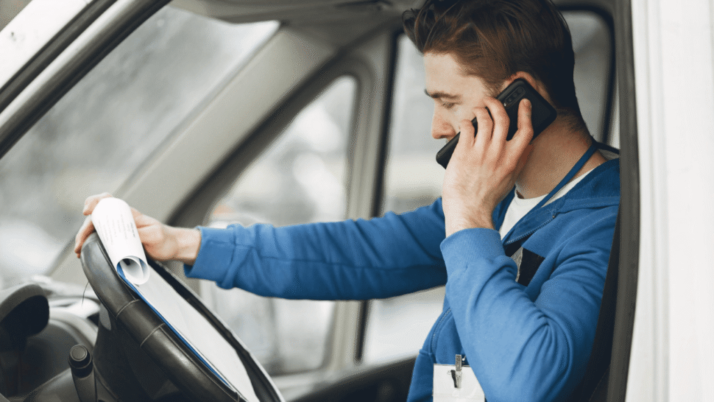 Driver on the phone in a delivery van reviewing paperwork while working to get first dispatch client.