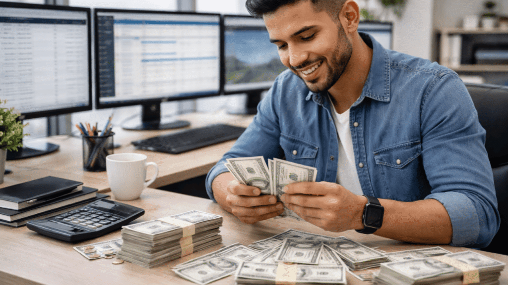 Light-brown-skinned truck dispatcher sitting at a desk and counting cash, representing truck dispatcher income and earnings in the trucking industry.