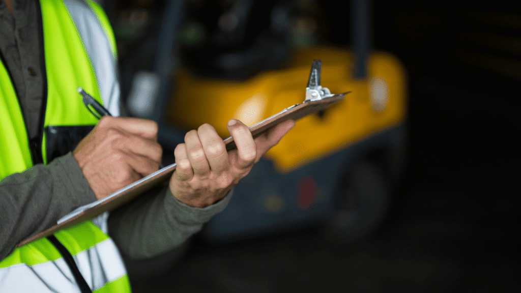 DOT audit checklist: worker in a high-visibility vest writing on a clipboard in a warehouse, with a forklift blurred in the background.
