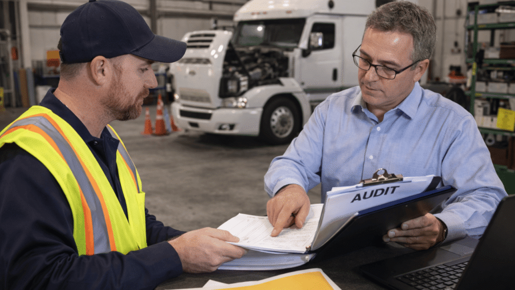 Truck driver and inspector reviewing compliance documents in a maintenance facility, illustrating how to pass a DOT audit with proper records and preparation.