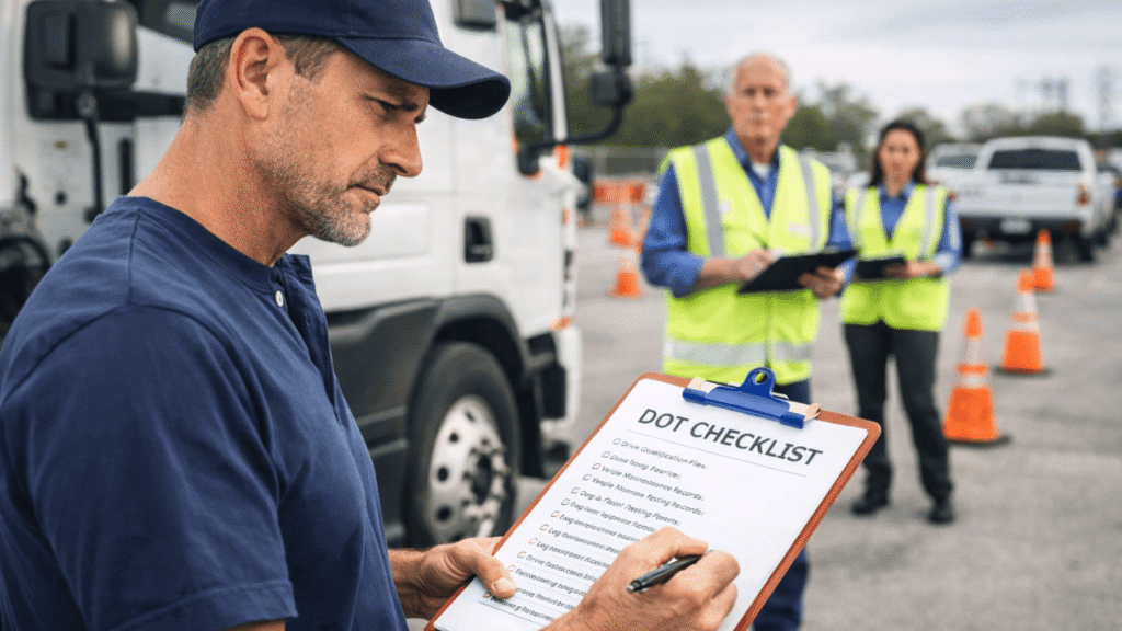 An image of a truck driver reviewing a DOT checklist while standing beside a semi-truck, appearing focused on how to pass a DOT audit. In the background, safety inspectors in reflective vests observe the process, reinforcing the compliance and inspection setting.