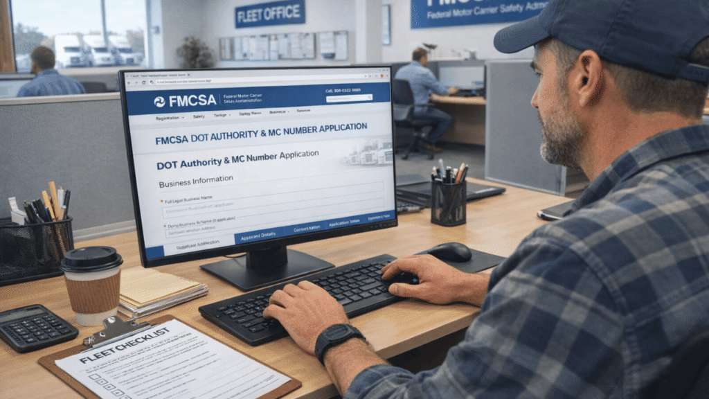 DOT authority and MC number application: truck driver typing on a computer in a fleet office while completing FMCSA registration online.