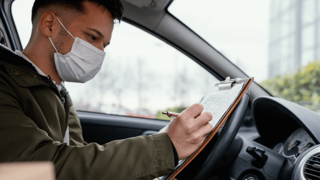 A delivery driver wearing a face mask sits inside a vehicle, holding a clipboard and filling out paperwork, illustrating driver qualification files requirements.