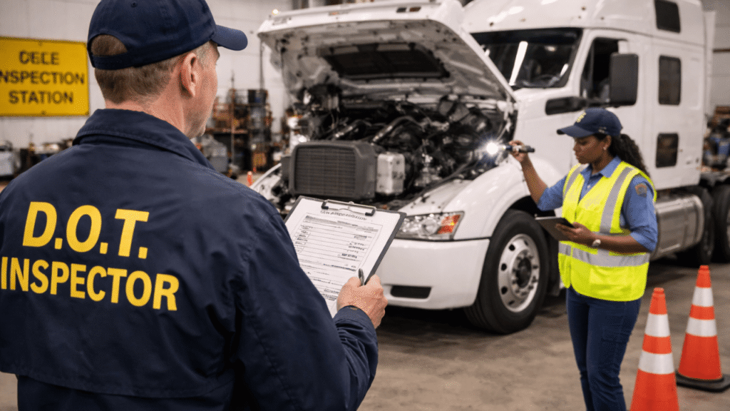 DOT inspectors examining a semi-truck during inspection with checklist in hand, highlighting issues that could lead to a failed DOT audit.